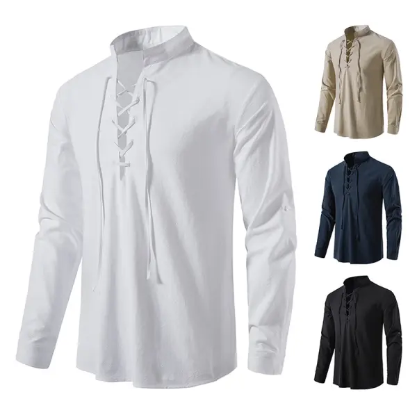 Men's Cotton Linen Henley Casual Beach Stand Collar Long Sleeve Shirt - Kalesafe.com 