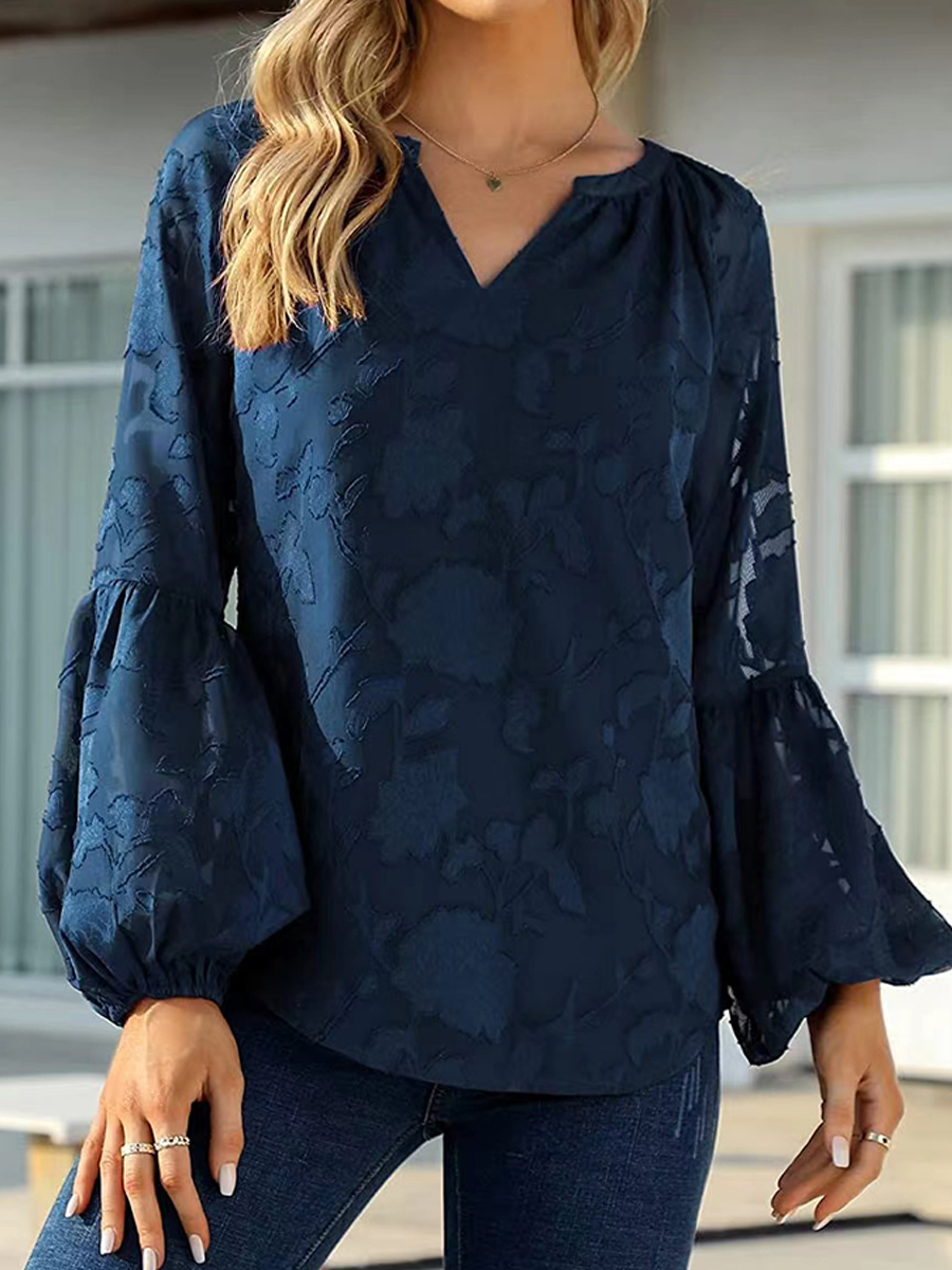 V Neck Lace Balloon Sleeve Floral Blouse