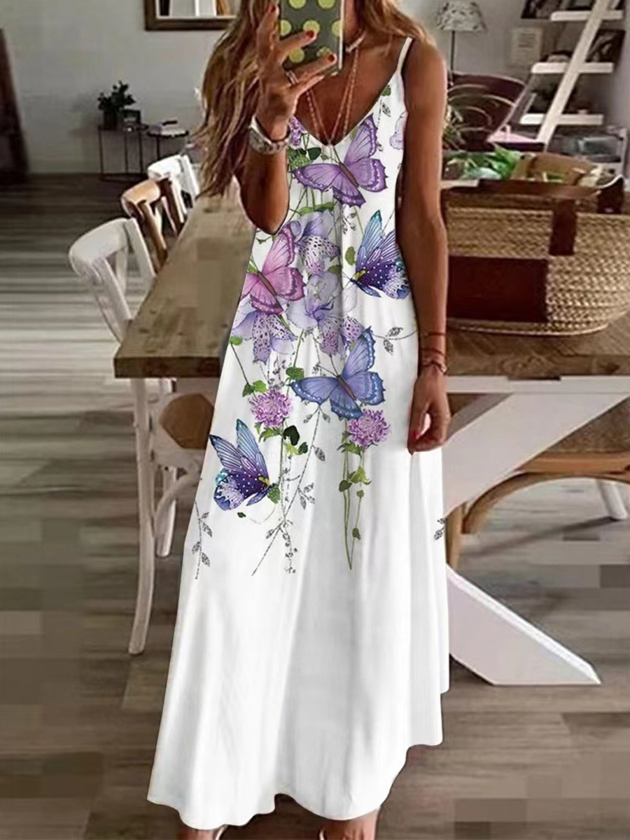 Casual Butterfly Print V Neck Long Sleeveless Slip Maxi Dress