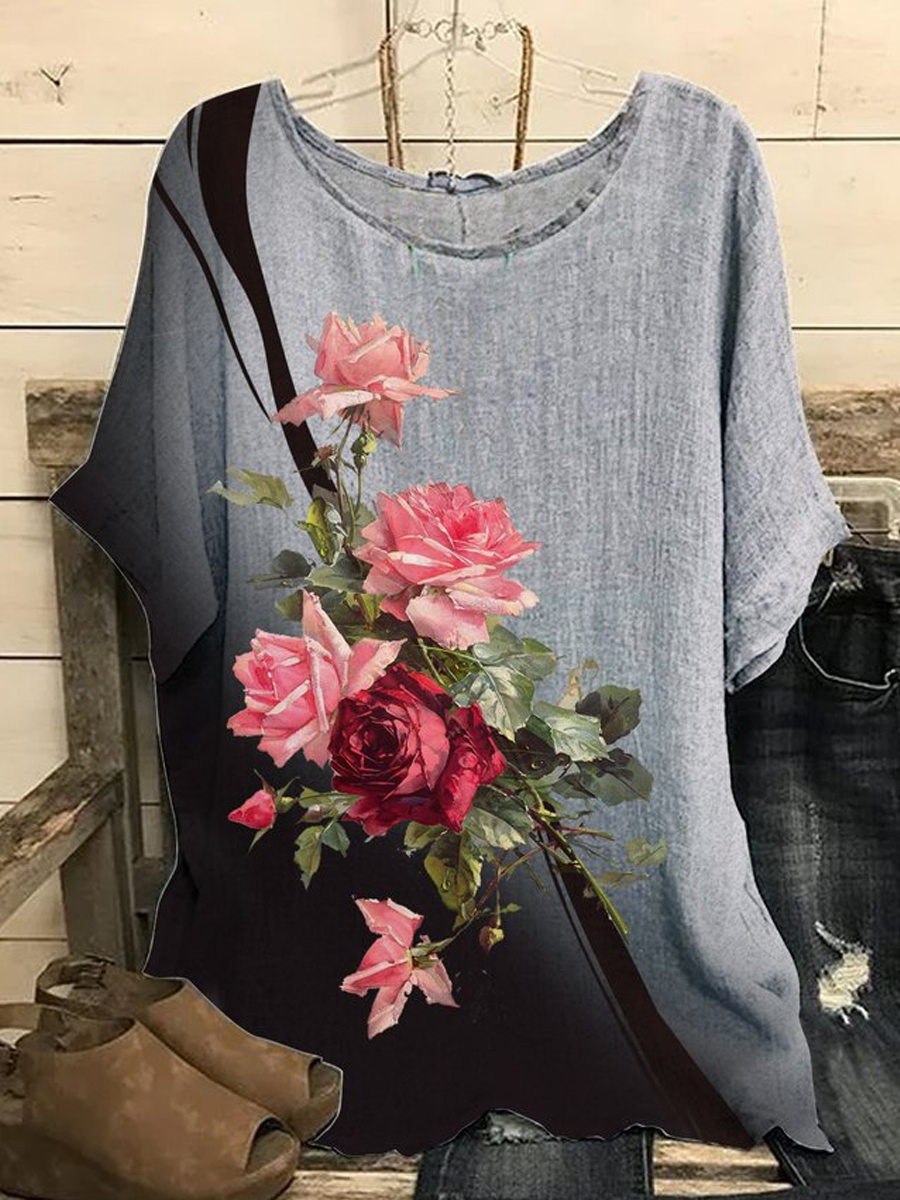 Casual Loose Floral Print Crew Neck Short Sleeve Blouse
