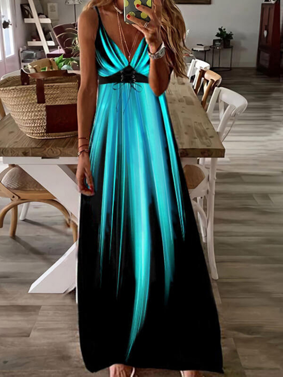 Fashion Casual Gradient Print Sleeveless Sling Holiday Maxi Dress