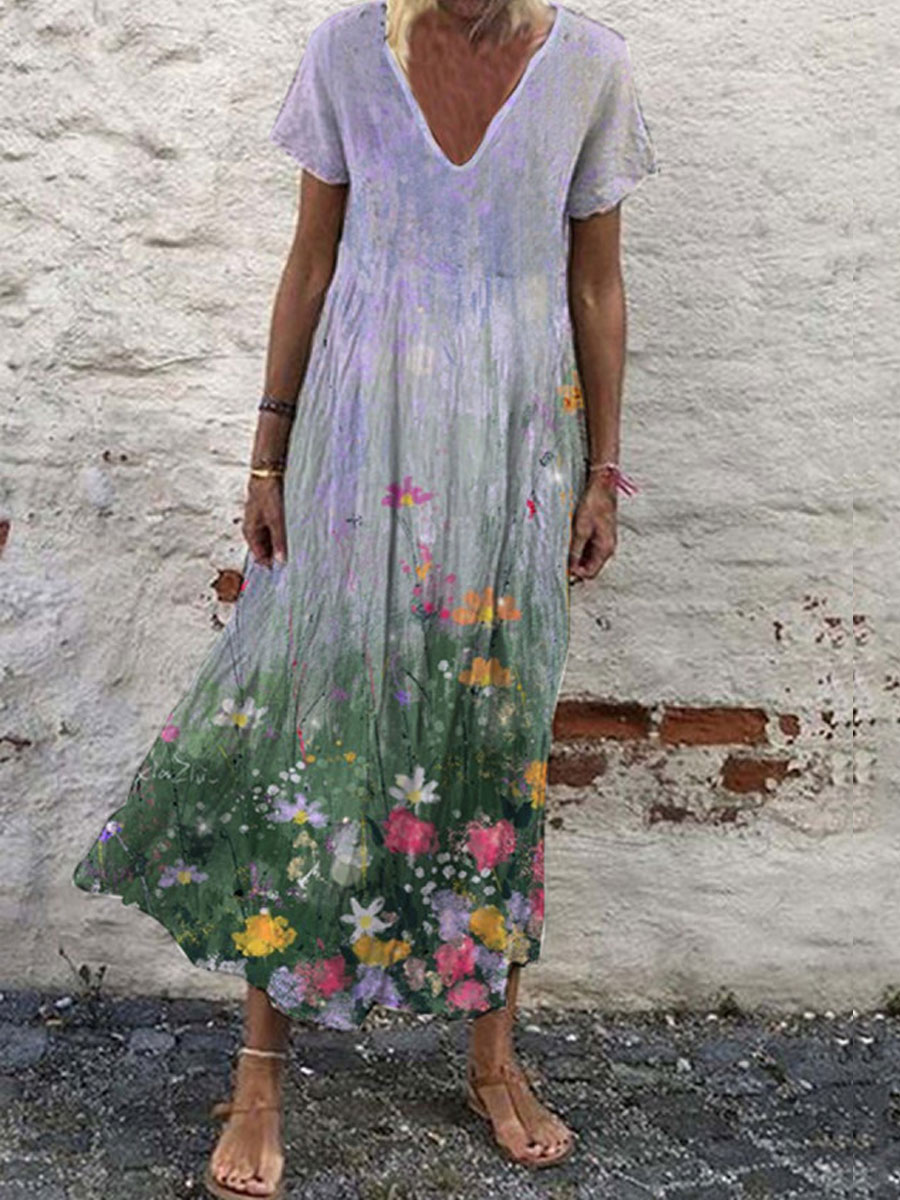 V neck Casual Loose Floral Print Short Sleeve Maxi Dress