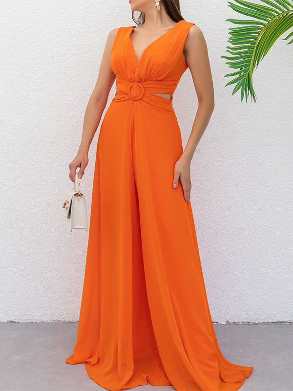 Ladies Elegant Fashion V Neck Solid Color Dress