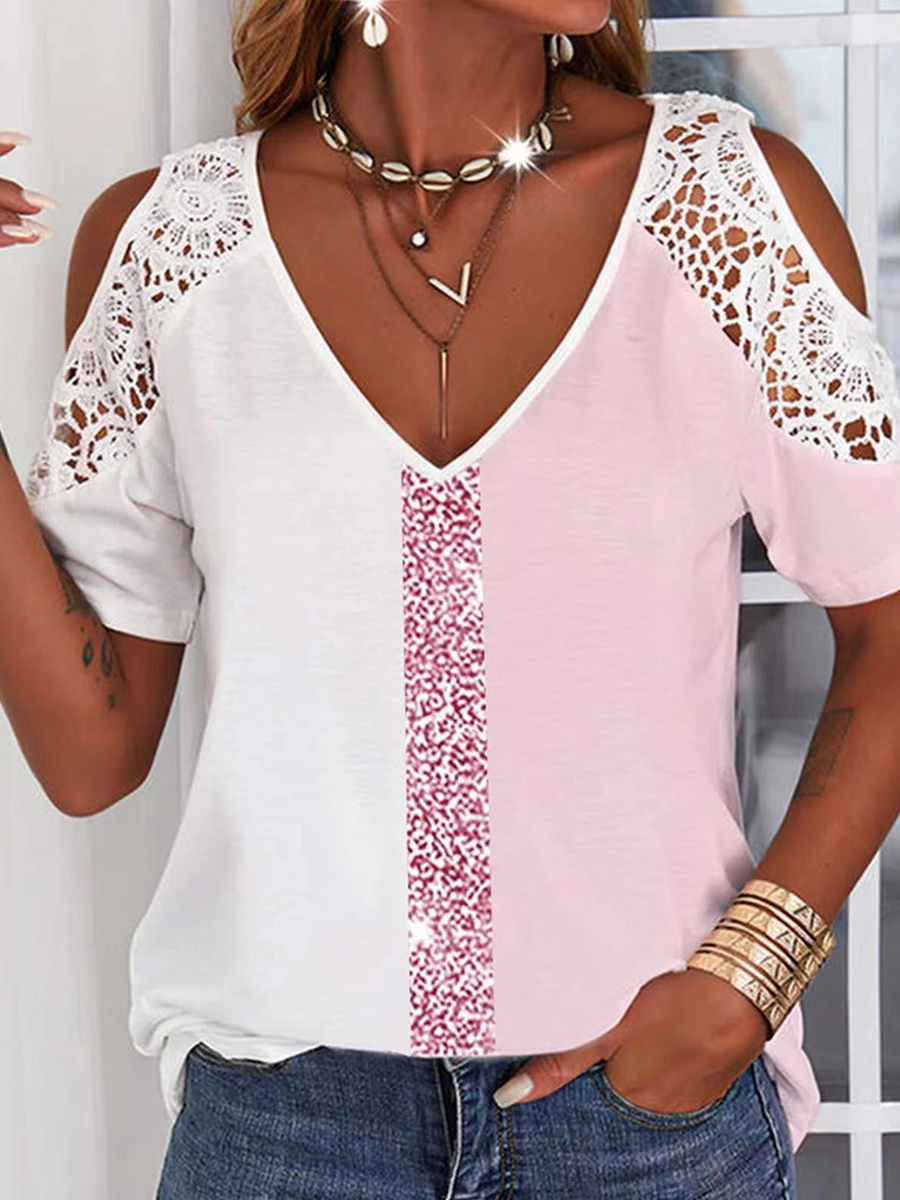 Summer V neck Lace Stitching Off the shoulder T shirt