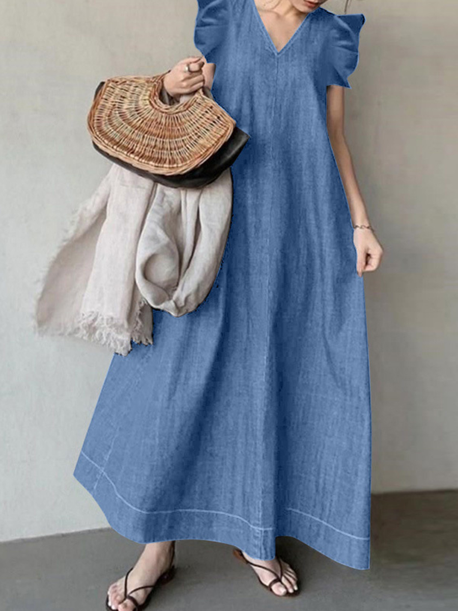 Denim Solid V Neck Loose Plus Size Long Dress