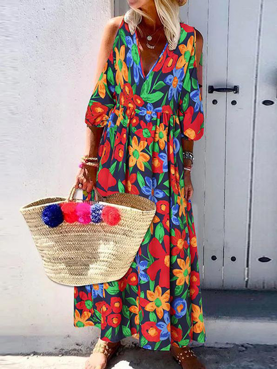 Summer Bohemian Five quarter Sleeve V neck Dress
