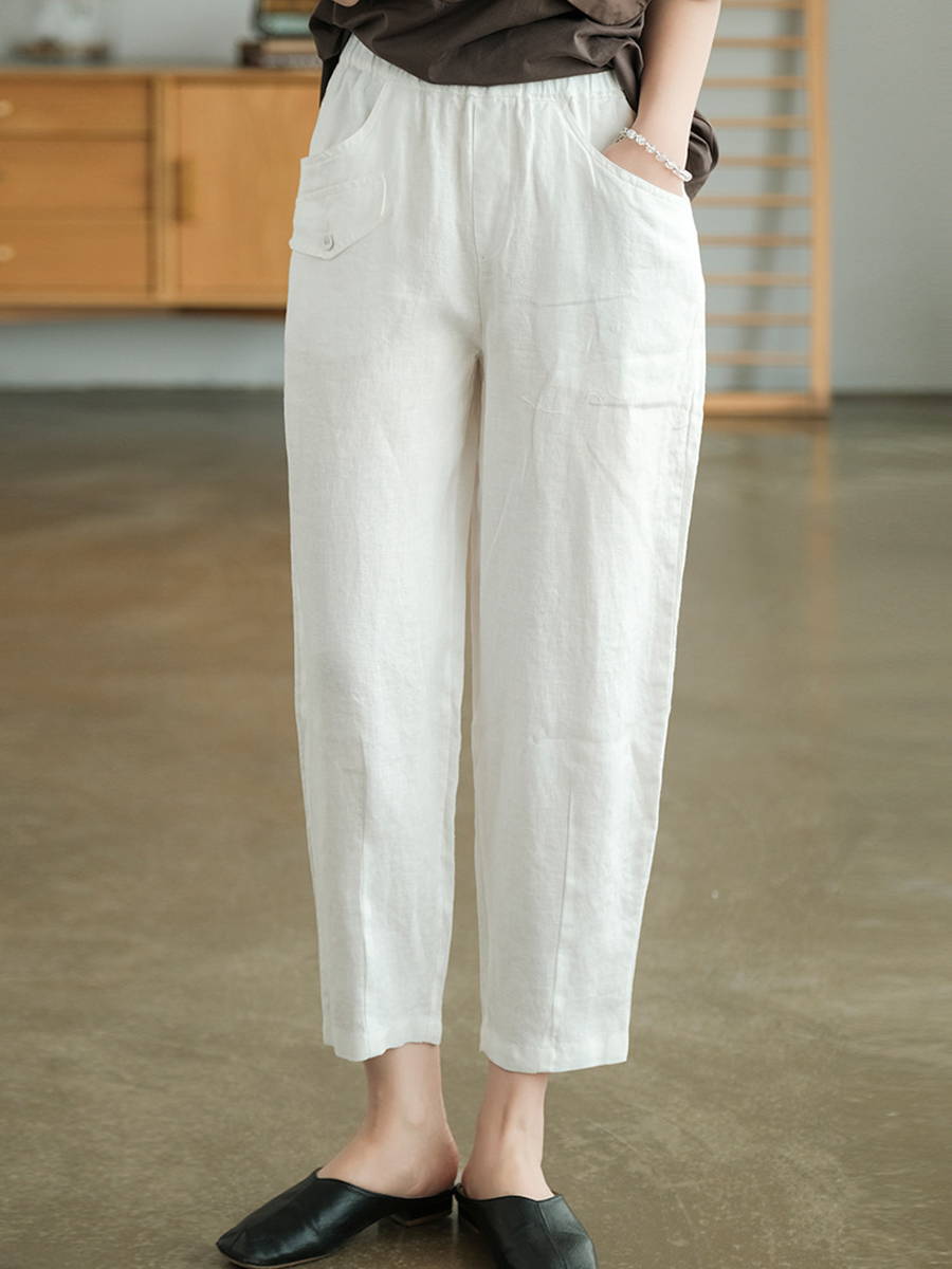 Casual Solid Color Elastic Waist Pocket Pants