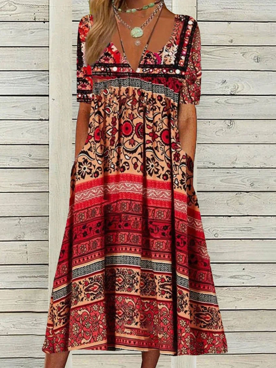 Round Neck Casual Loose Floral Print Short Sleeve Midi Dress