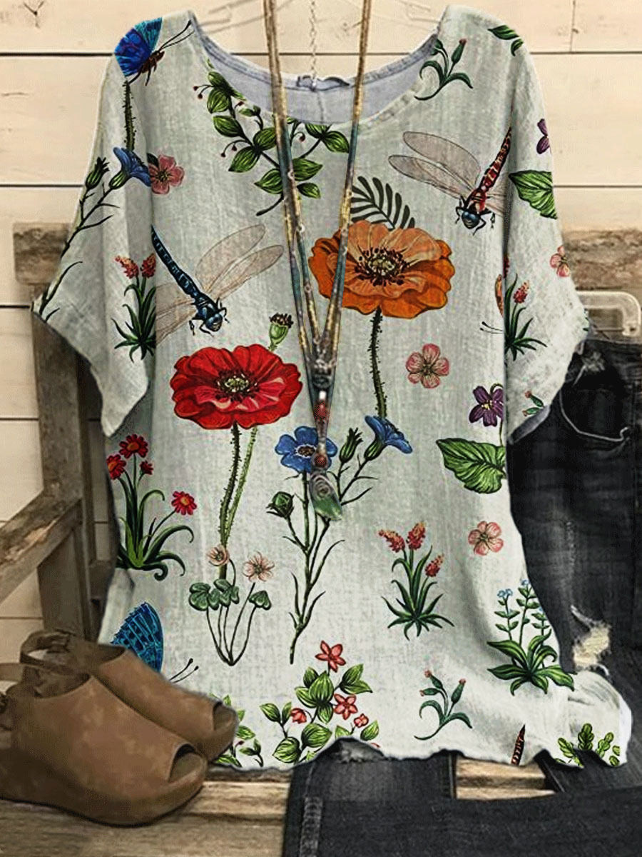 Round Neck Casual Loose Floral Print Short Sleeve Blouse