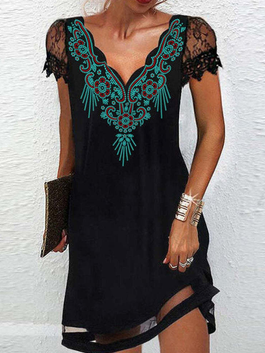 Casual V Neck Vintage Print Lace Dress