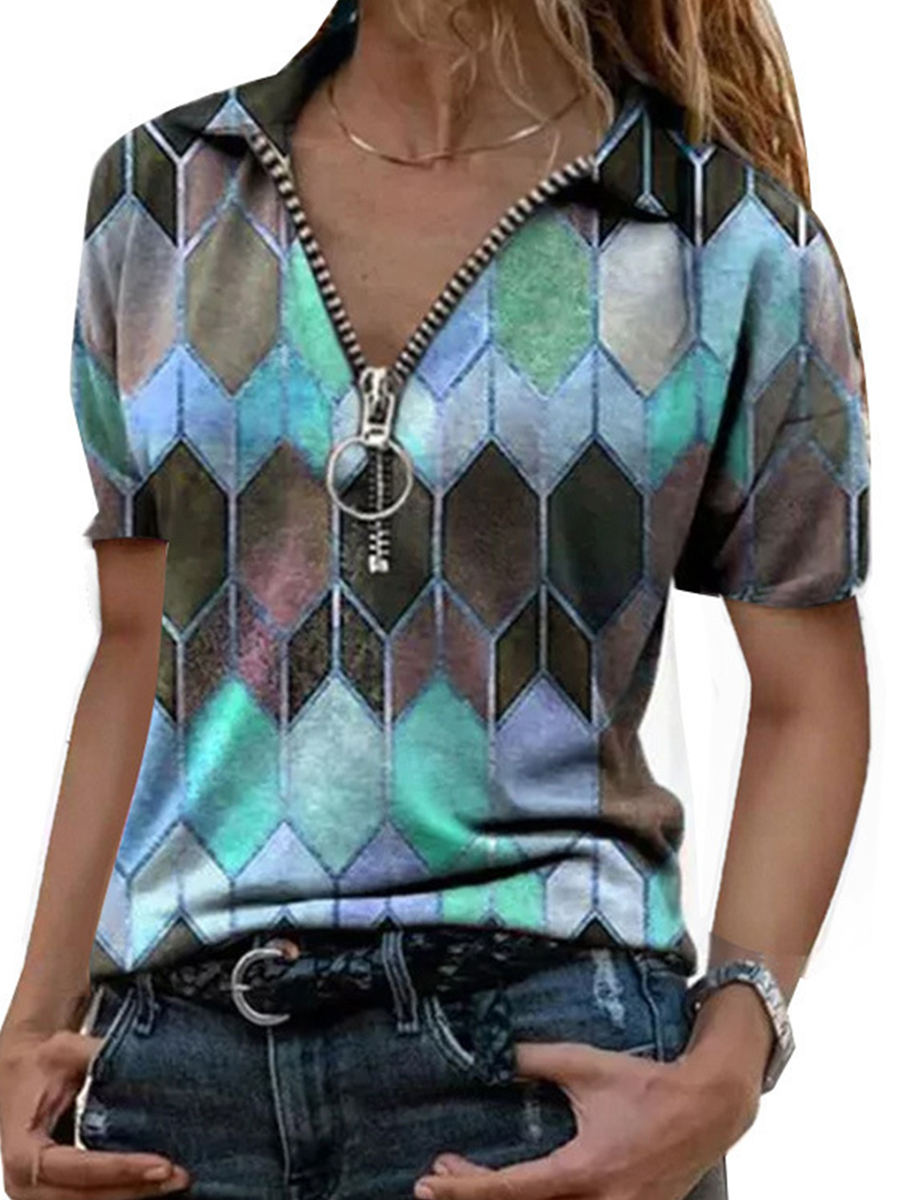 V Neck Print Zipper Short Sleeve T Shirt