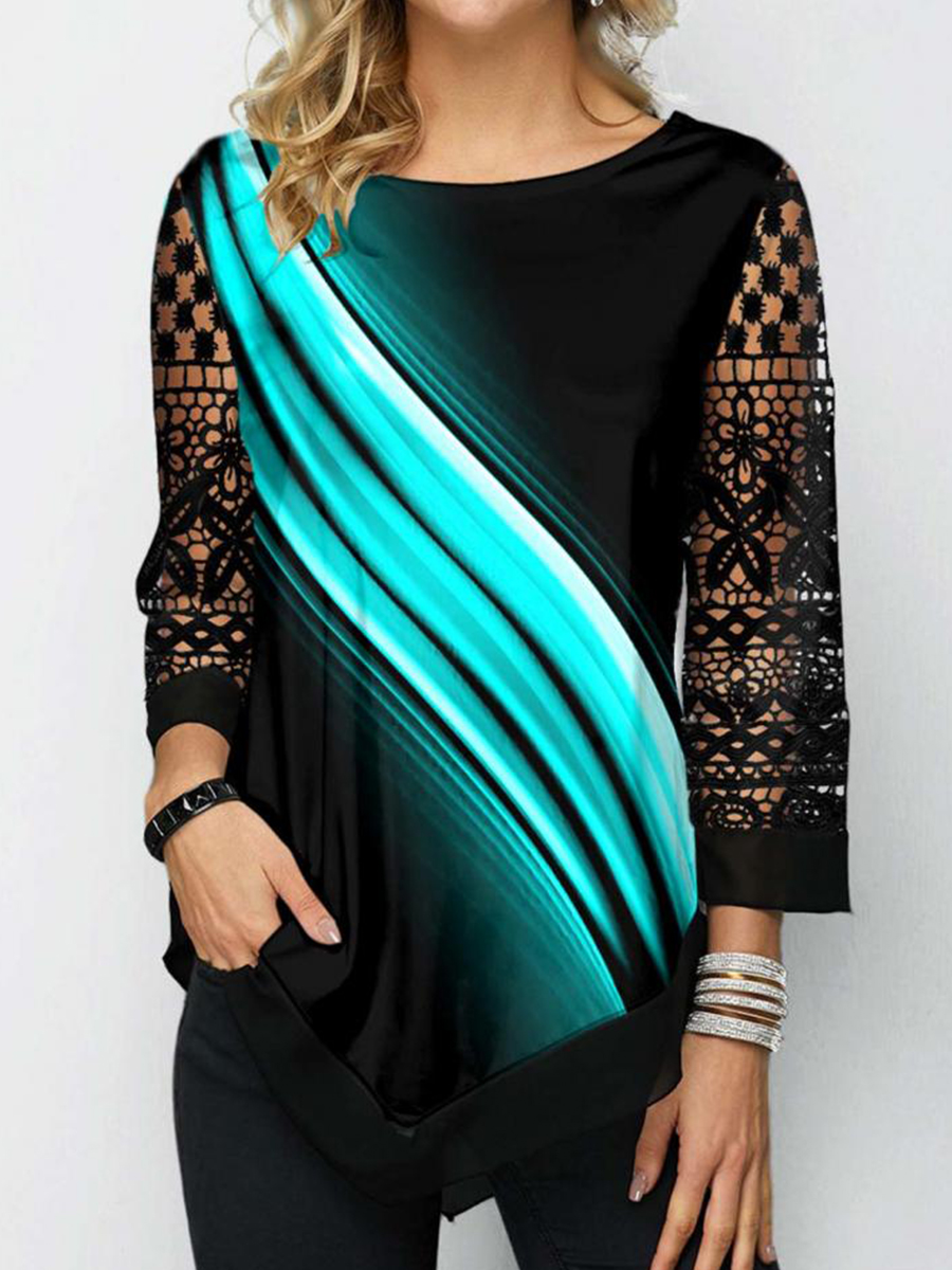 Summer Print Lace Crewneck T Shirt