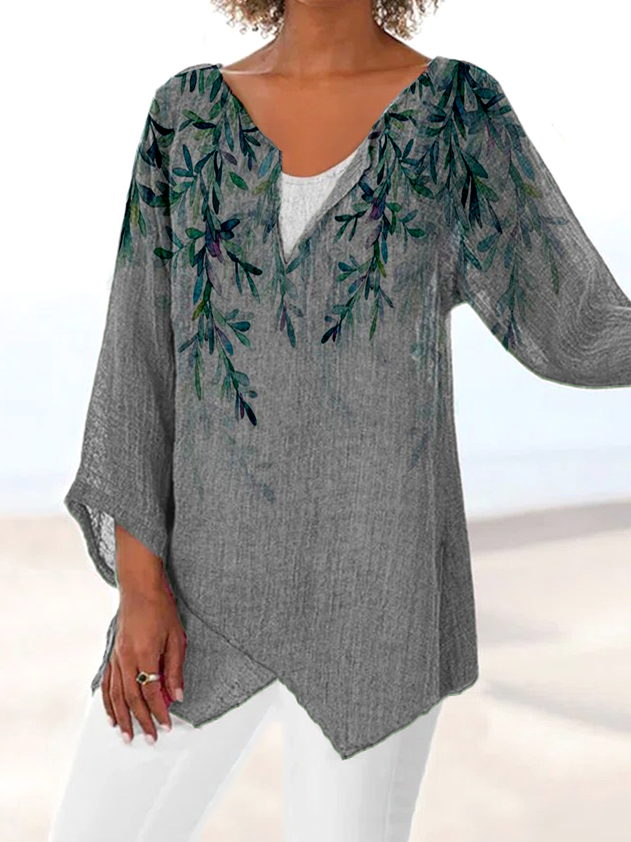 Casual Leaf Printed V Neck Long Sleeve Blouse
