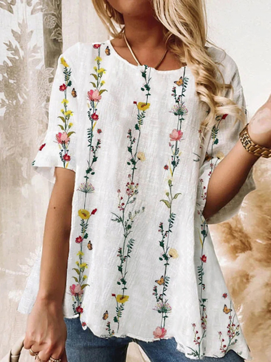 Casual Floral Print Crew Neck Chic Short Sleeve Loose Blouse