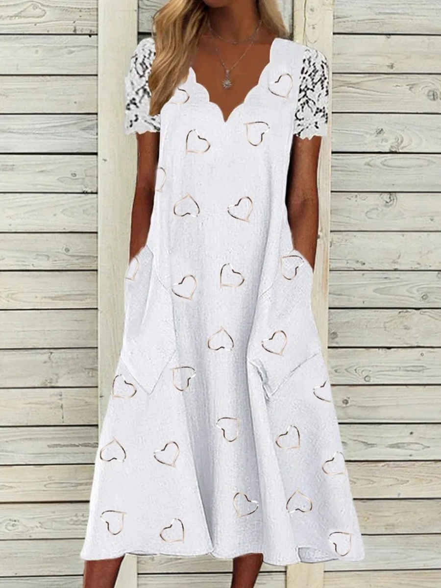 Casual Heart Print Wavy V Neck Short Sleeve Midi Dress