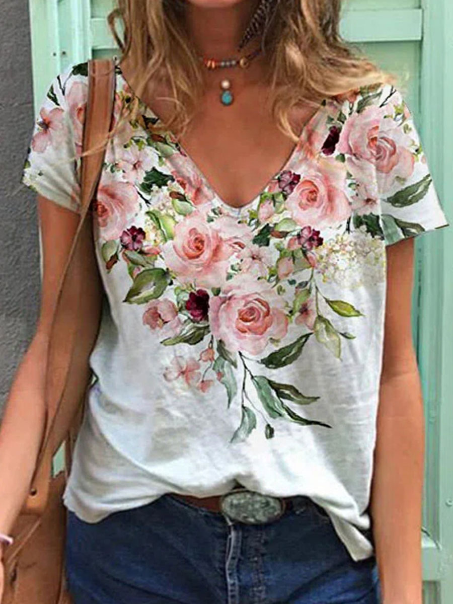 V neck Casual Loose Floral Print Short Sleeve T shirt