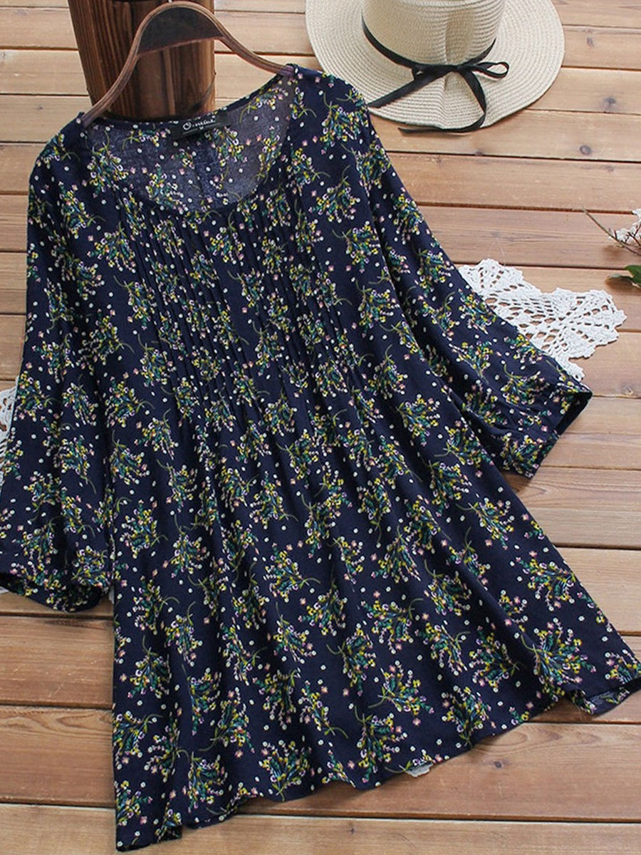 Round Neck Casual Loose Floral Print Long Sleeve Blouse