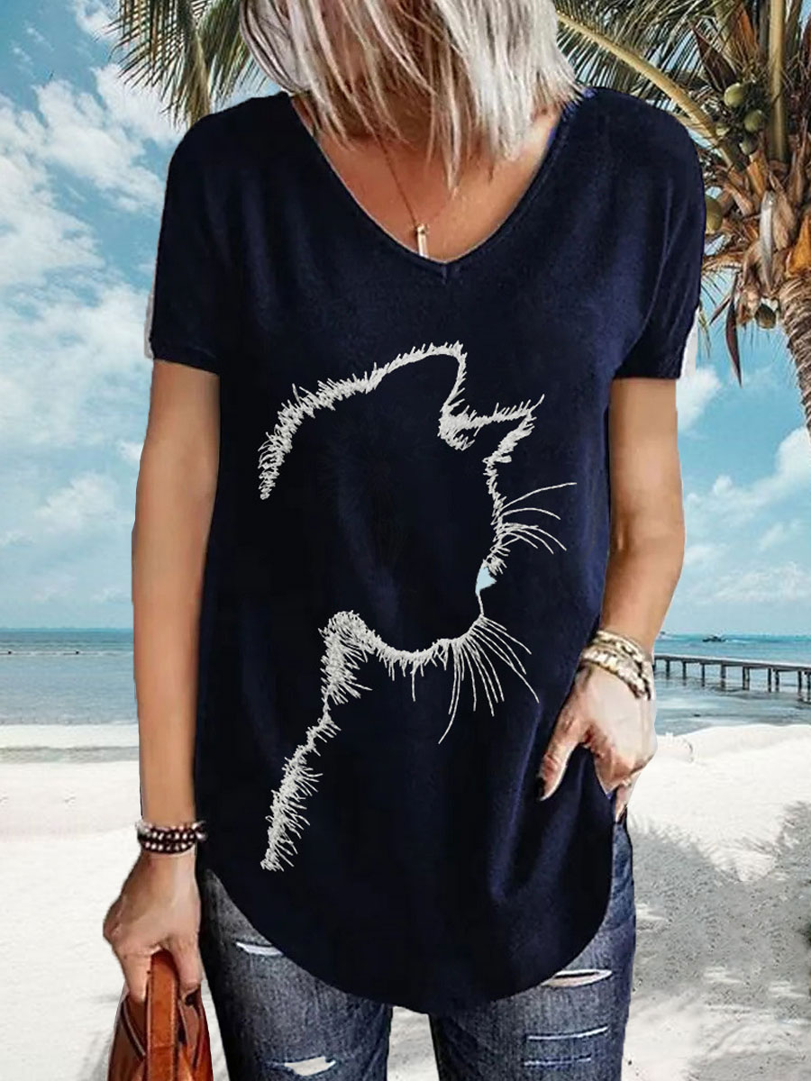 V neck Casual Loose Cat Print Short Sleeve T shirt
