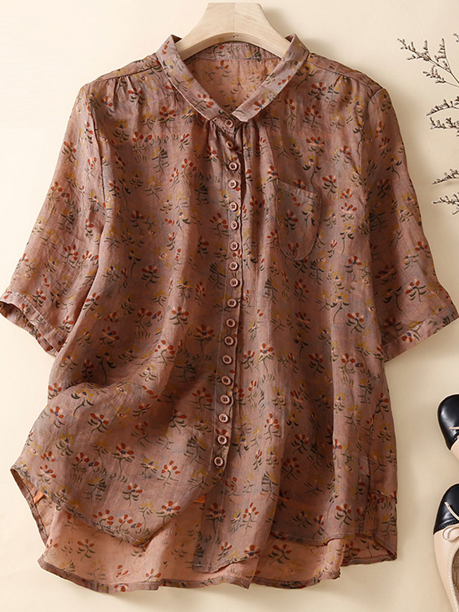 Casual Loose Floral Print Short Sleeve Blouse