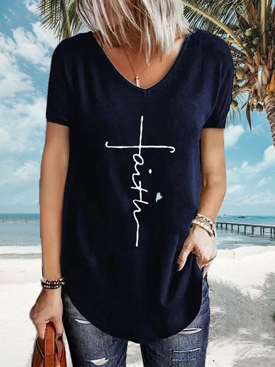 V neck Casual Loose Letter Print Short Sleeve T shirt