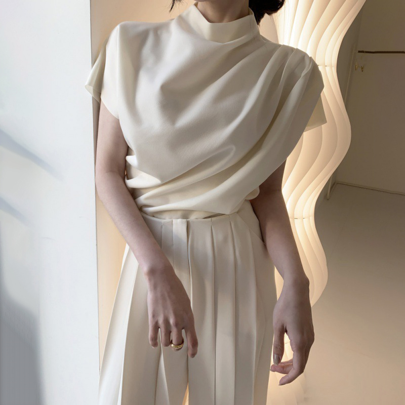 Ladies Stand up Collar Slanted Pleated Top