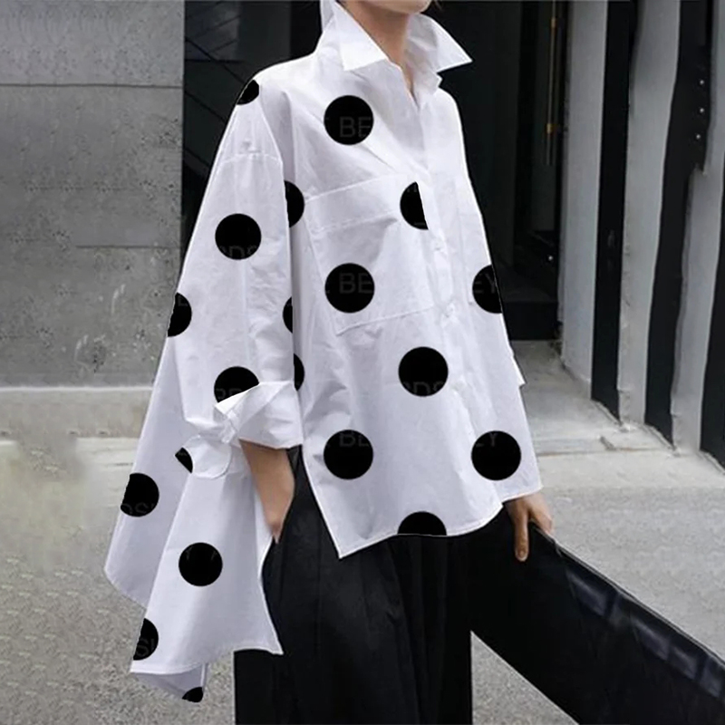Ladies Loose Polka Dot Lapel Slit Pocket Irregular Shirt