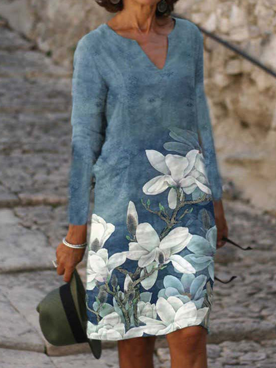 V Neck Floral Print Casual Long Sleeve Dress