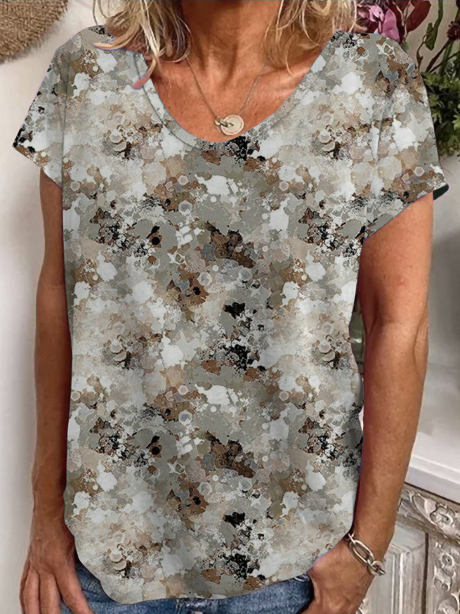 Casual V Neck Short Sleeve Loosen Ethnic Print T Shirt