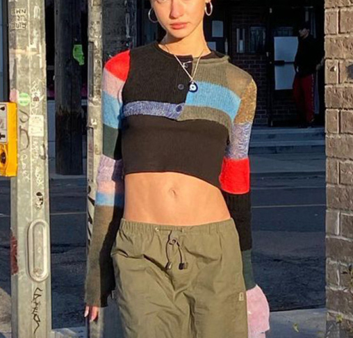 Colorblock Knit Long Sleeve Breathable Blouse
