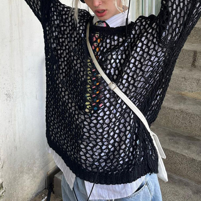 Sheer Cutout Knit Crew Neck Blouse