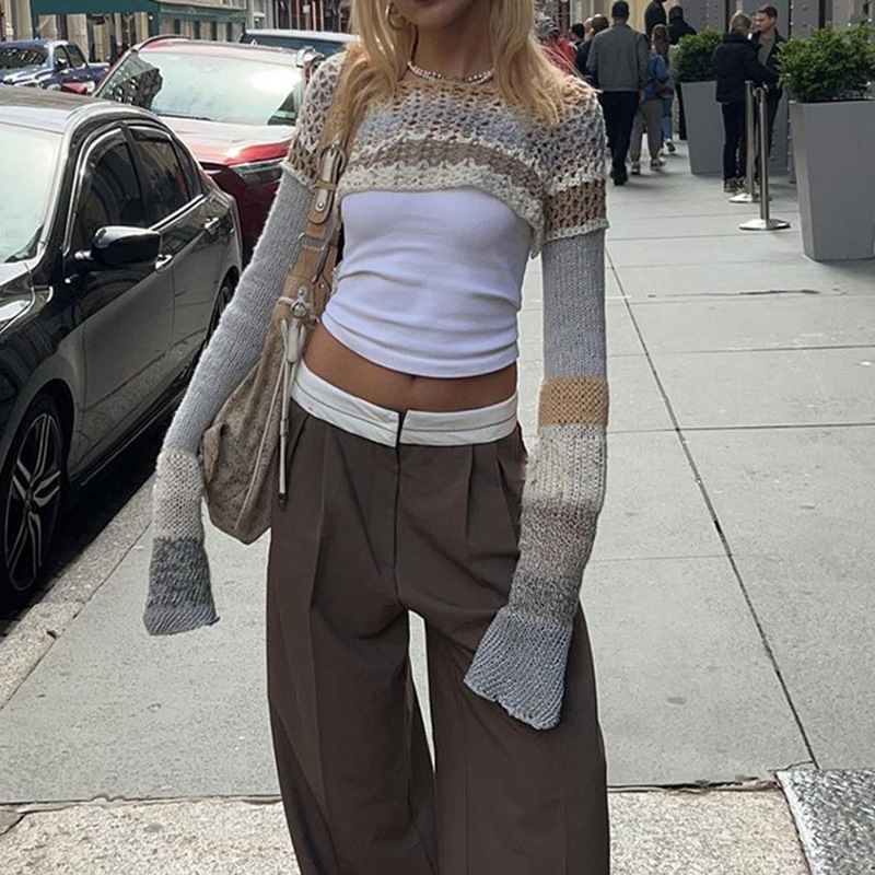 Super Crop Long Sleeve Knit Striped Crochet Top