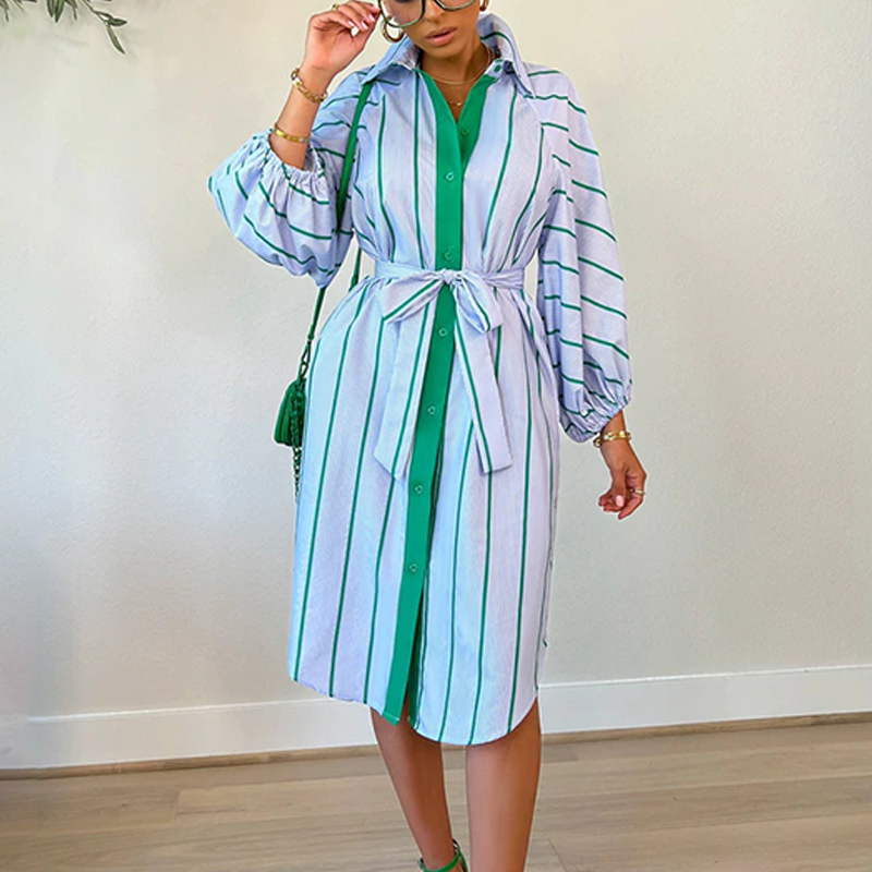 Ladies Elegant Striped Print Casual Long Sleeve Dress