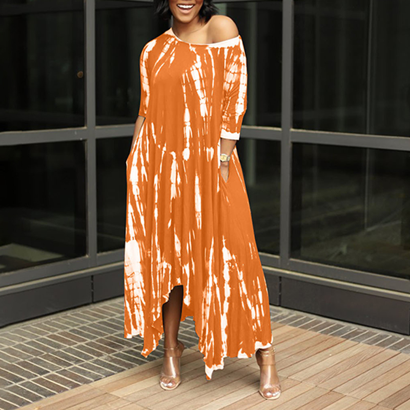 Ladies Loose Tie Dye Print Pocket Slit Dress