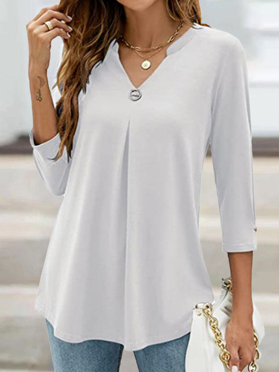 Solid Color V Neck 3/4 Sleeve Pleated T Shirt