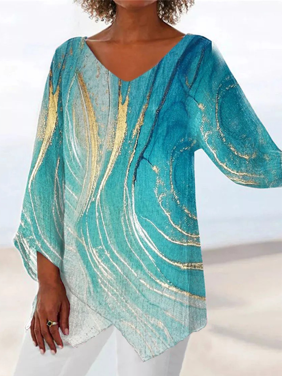 Casual Printed Long sleeved Cotton And Linen Blouses