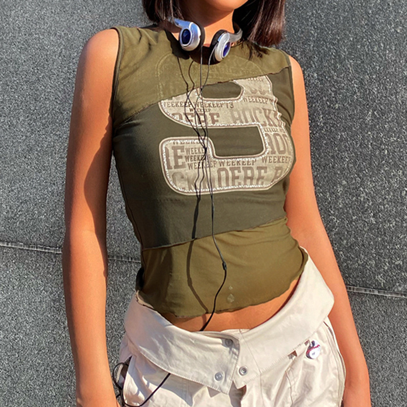 Retro Street Irregular Patchwork Mesh Print Racer Tank Top