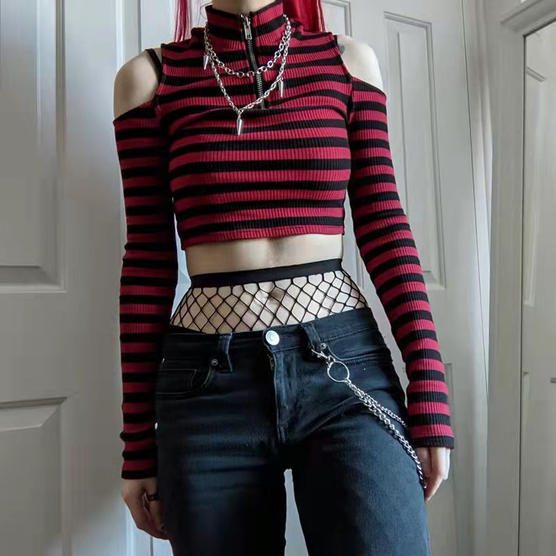 Contrast Stripe Off Shoulder Cropped Long Sleeve T Shirt