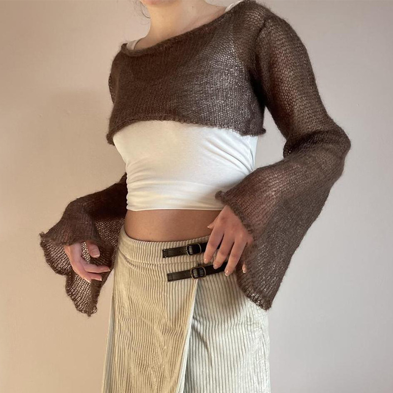Vintage Sheer Knit Flared Sleeve Cropped Blouse