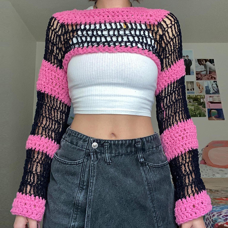 Personality Contrast Stripe Sexy Bell Sleeve Knit Blouse