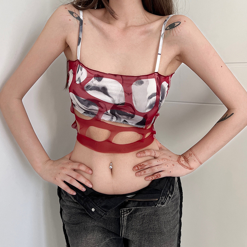 Vintage Contrast Cutout Abstract Print Tank Top