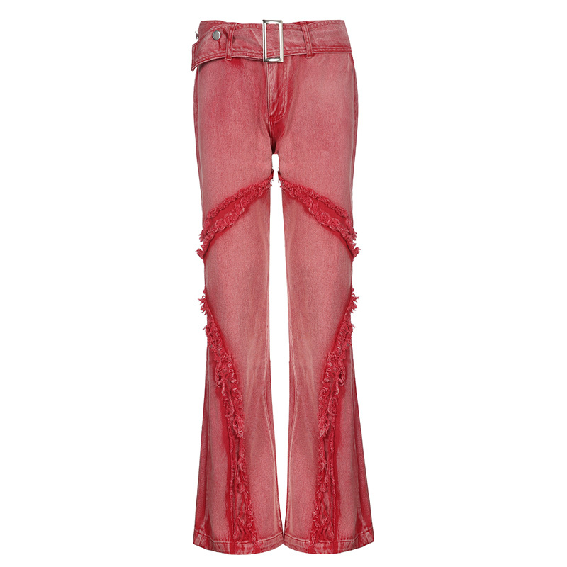 Street Hip hop Style Raw Edge Stitching Low Waist Denim Bootleg Pants