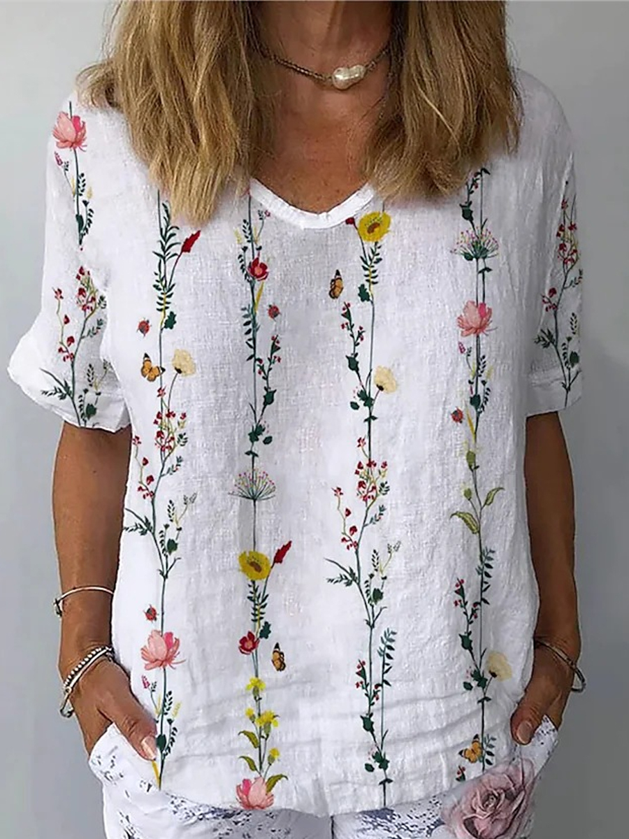 Casual Floral Print V Neck Short Sleeve Blouse