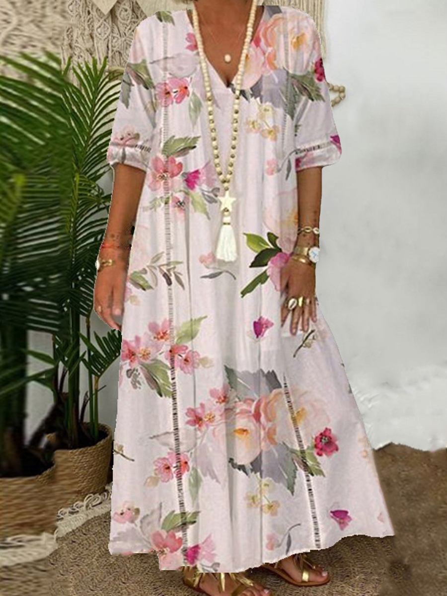 Loose Floral Print V Neck Short Sleeve Maxi Dress