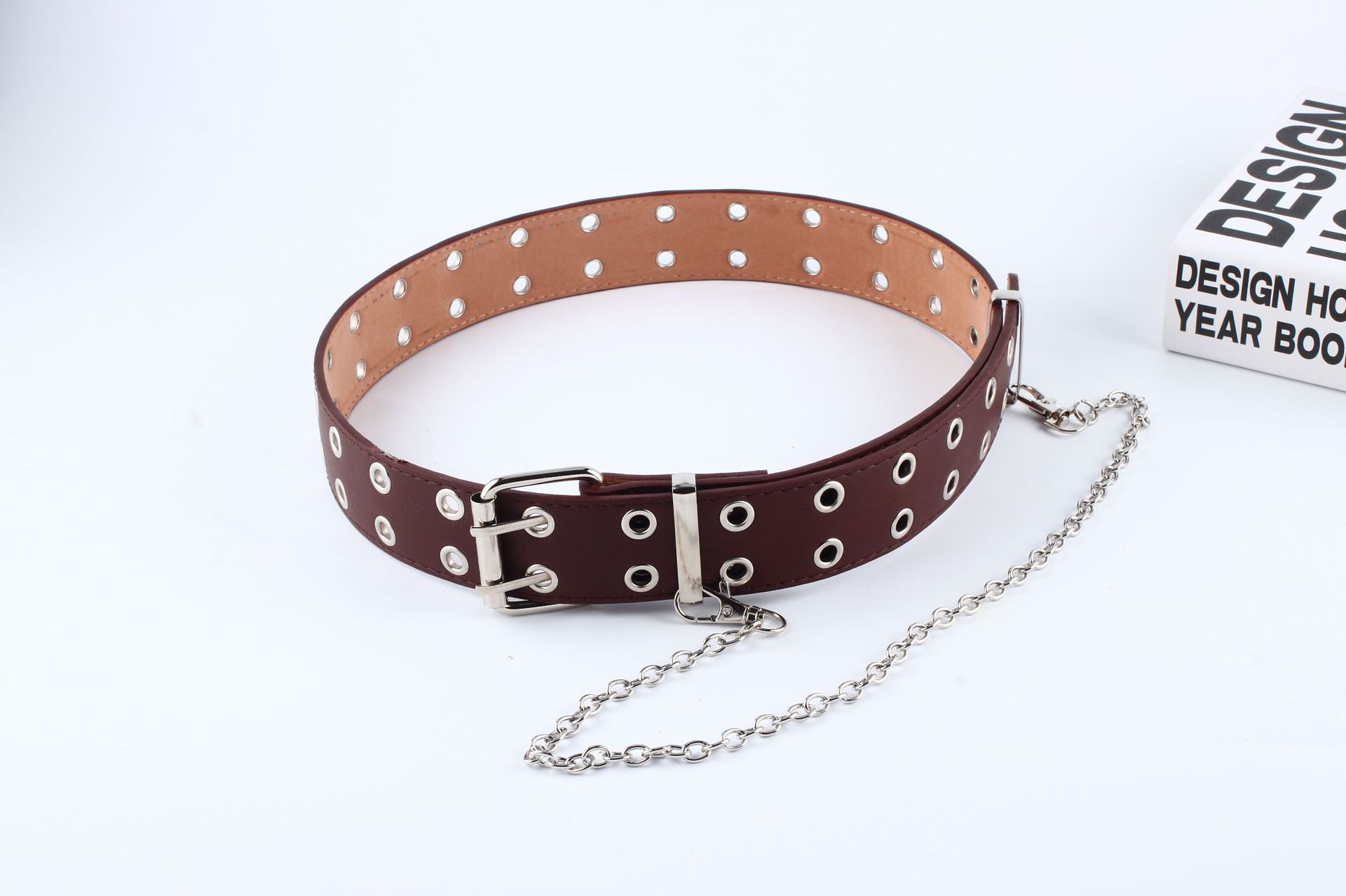 Fashion Chain Decorative Pants With Eyelet Belt
