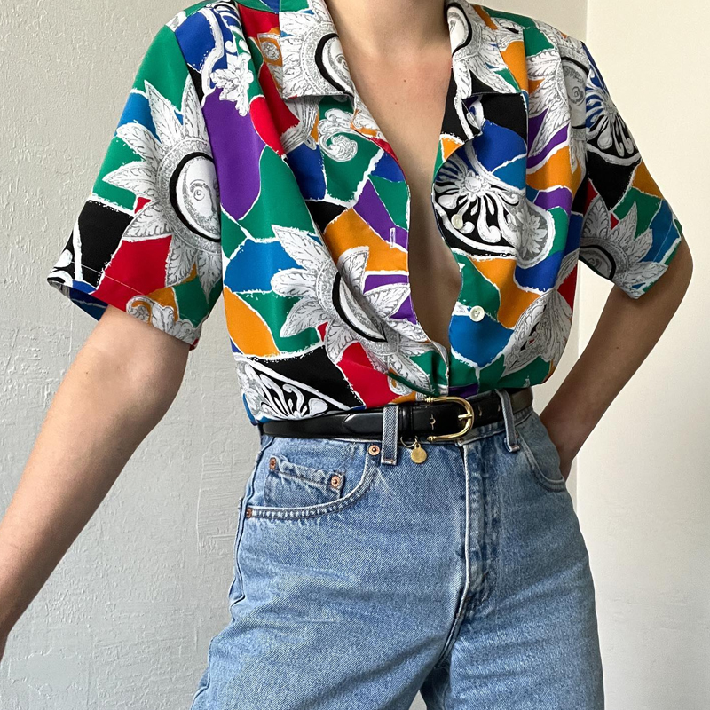 Funky Vintage 90s Primary Color Silky Sun Print Shirt