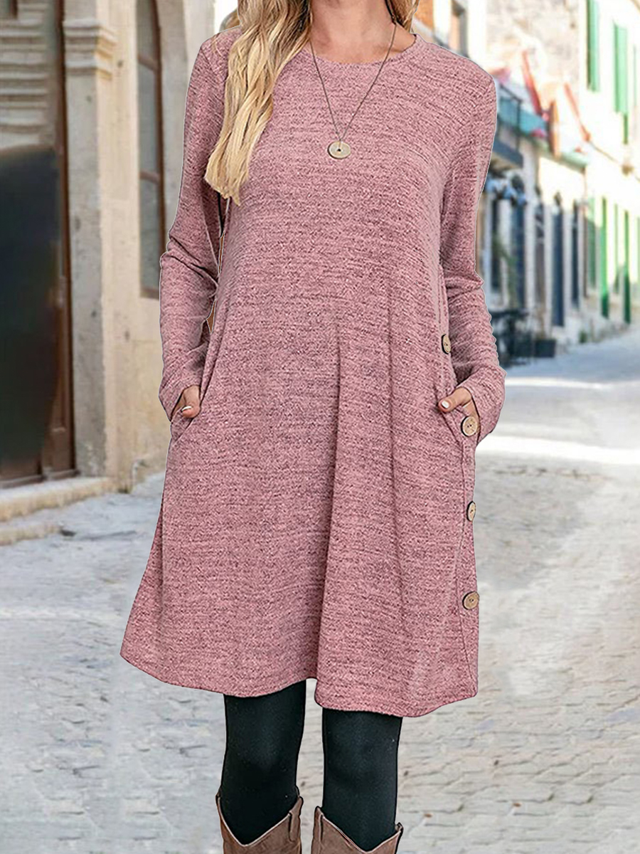 Cotton Blend Long Sleeve Button Pocket Dress