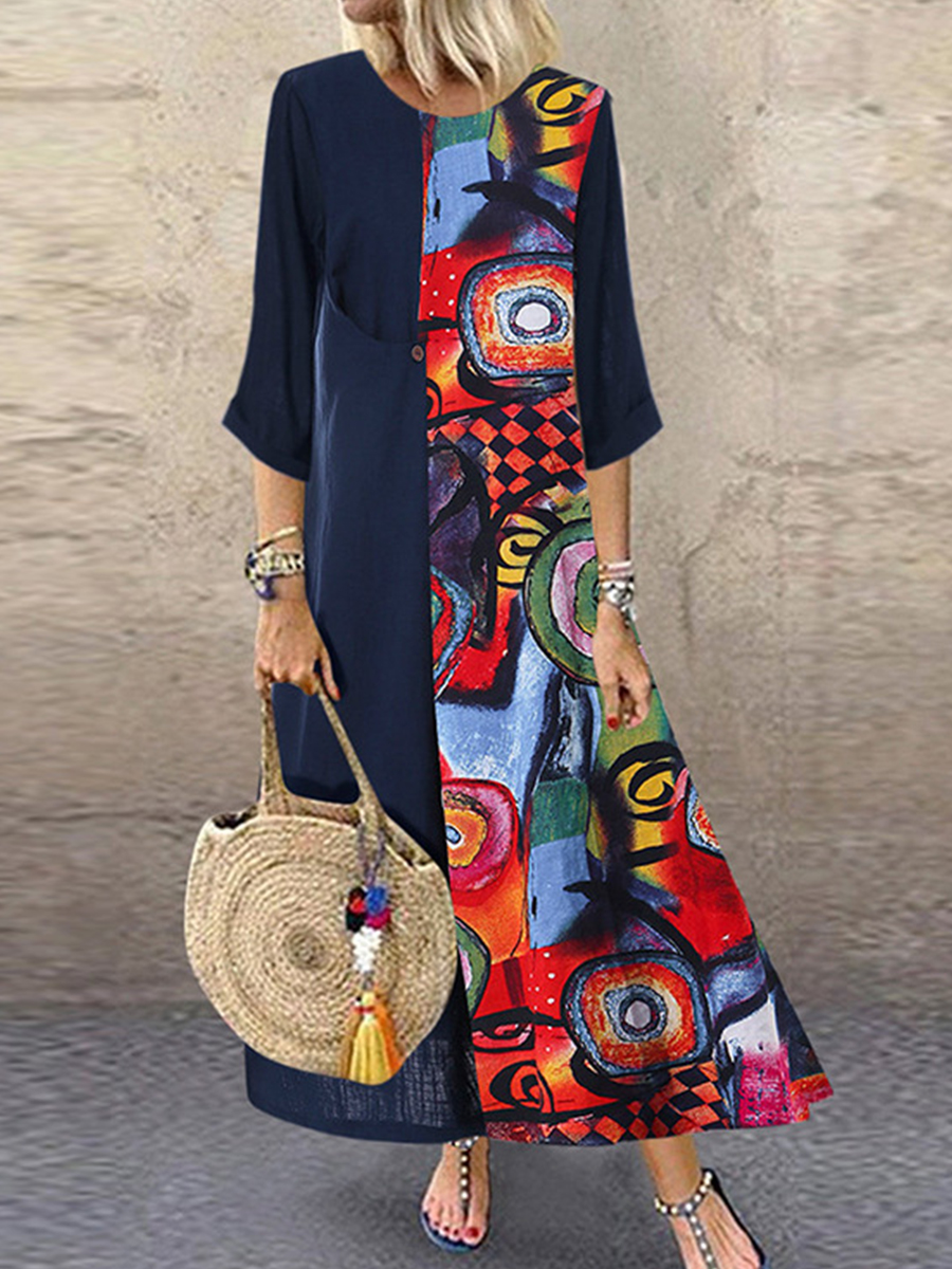 Summer Cotton And Linen Mid sleeve Vintage Print Dress