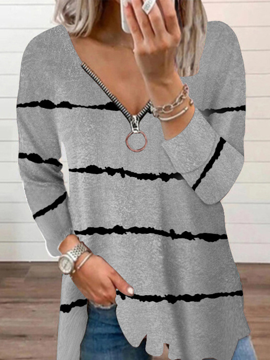 Casual V Neck Striped Long Sleeve T shirt