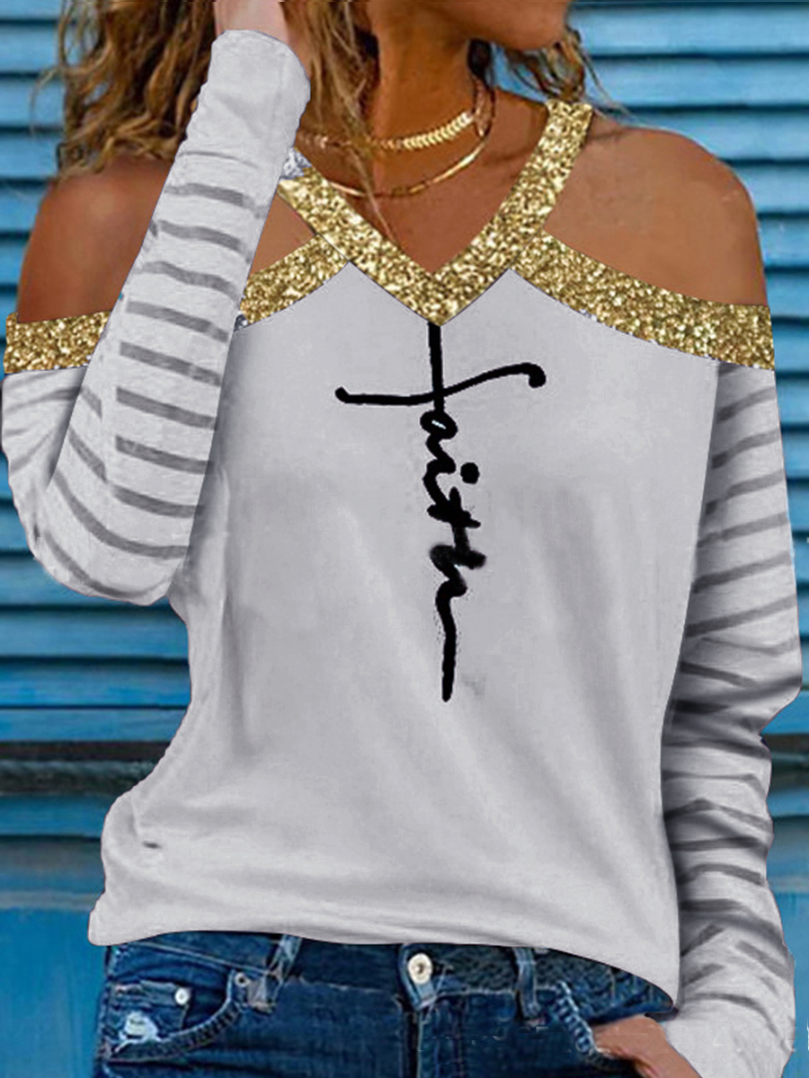 Letters Print V Neck Regular Fit Long Sleeve T Shirt