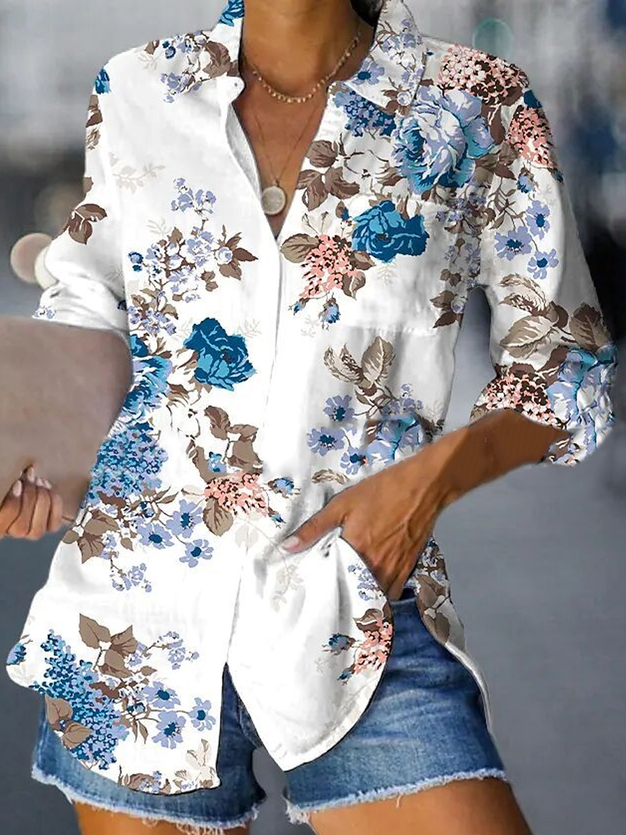 Casual Fashion Floral Print Lapel Long Sleeve Shirt